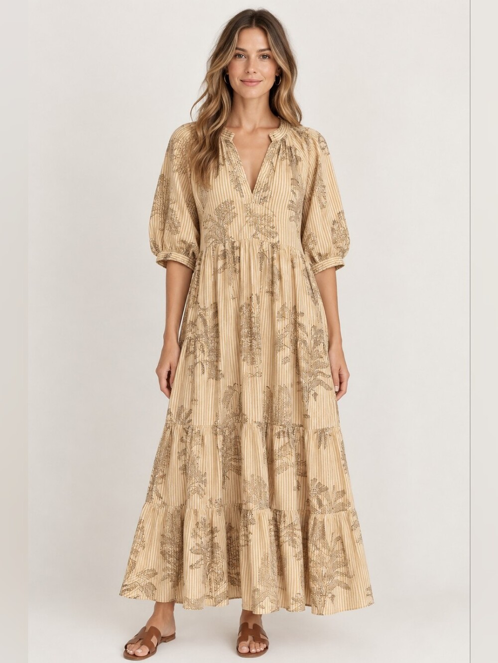 MATTA NY Katia Trees Dress Cotton Block Print Boho Tiered Midi Dress Size XS